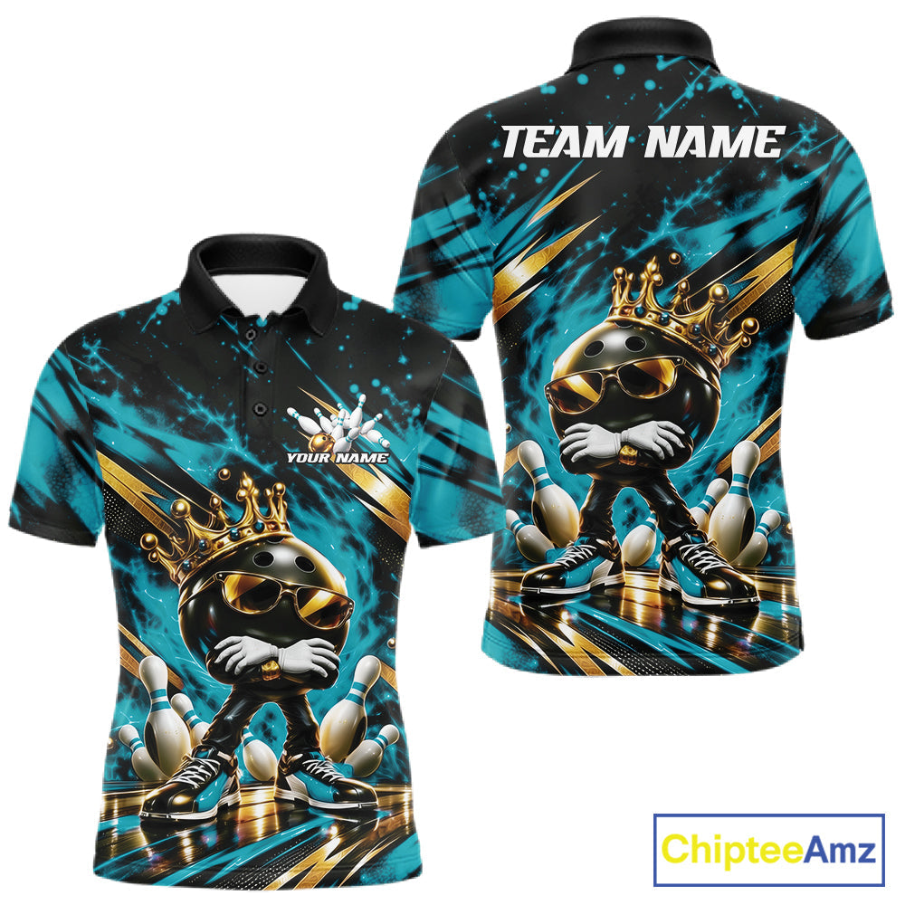 Custom Turquoise Blue Funny Awesome Crown Bowling Ball Bowling King Polo Team Shirt