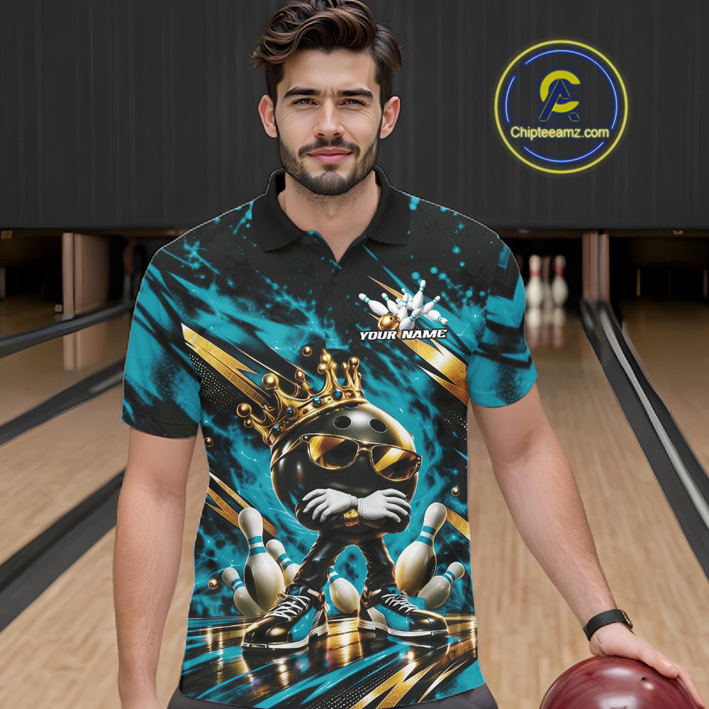 Custom Turquoise Blue Funny Awesome Crown Bowling Ball Bowling King Polo Team Shirt