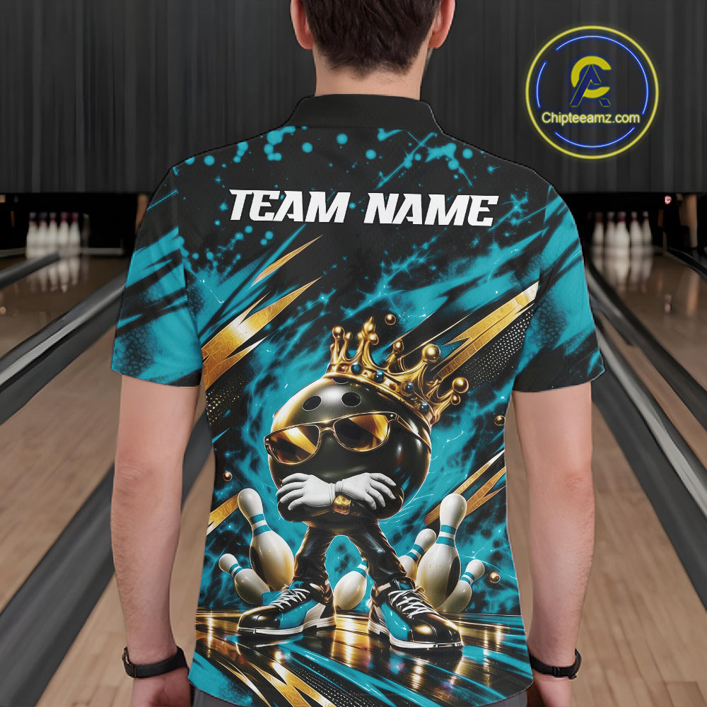 Custom Turquoise Blue Funny Awesome Crown Bowling Ball Bowling King Polo Team Shirt