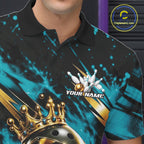 Custom Turquoise Blue Funny Awesome Crown Bowling Ball Bowling King Polo Team Shirt