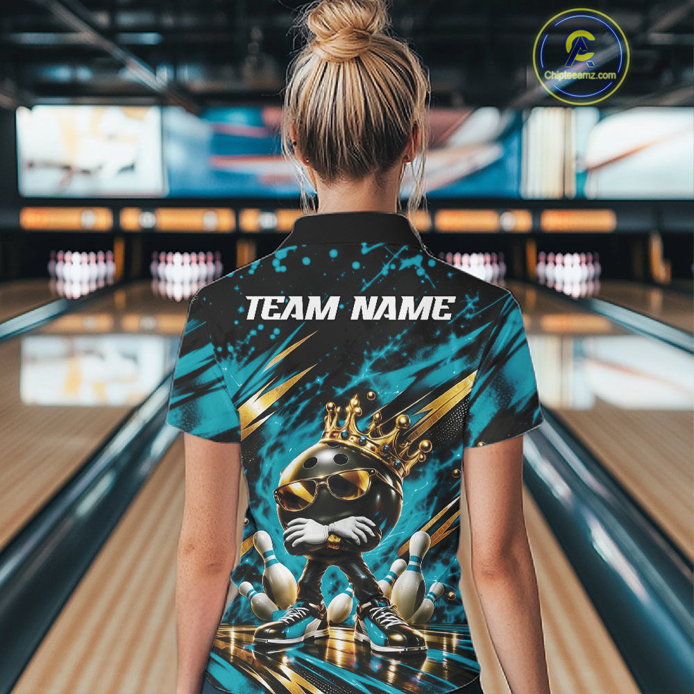 Custom Turquoise Blue Funny Awesome Crown Bowling Ball Bowling Queen Polo Team Shirt