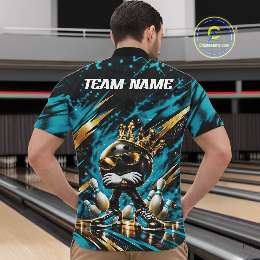 Custom Turquoise Blue Funny Awesome Crown Bowling Ball Bowling King Quarter Zip Team Shirt