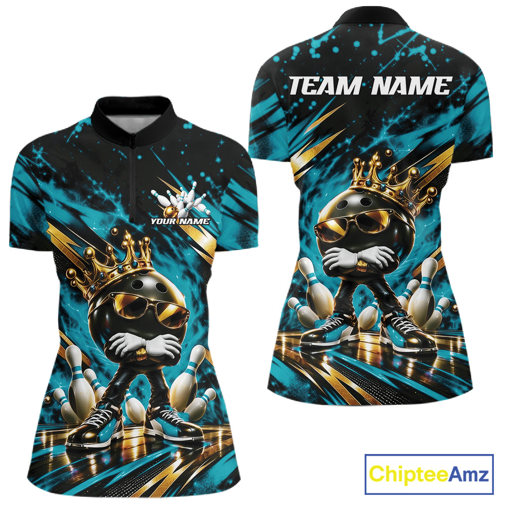Custom Turquoise Blue Funny Awesome Crown Bowling Queen Quarter-Zip Team Shirt