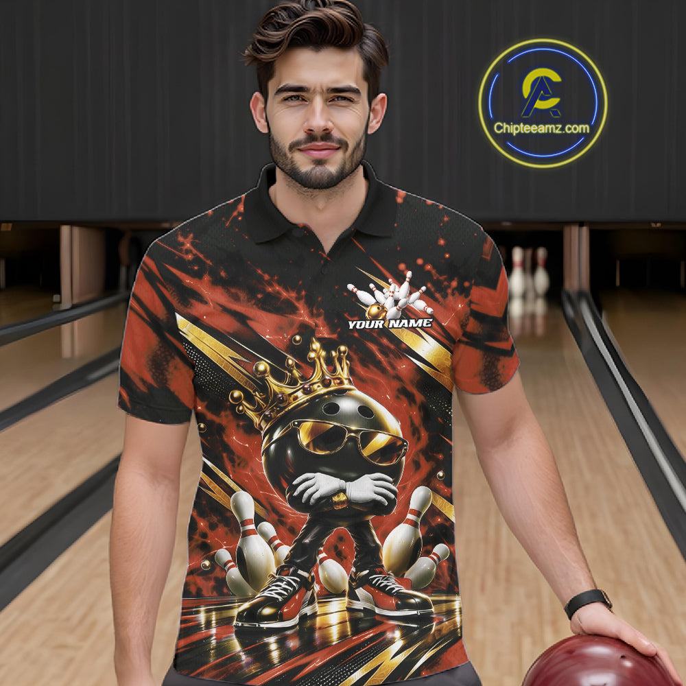 Custom Orange And Gold Funny Awesome Crown Bowling Ball Bowling King Polo Team Shirt