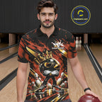 Custom Orange And Gold Funny Awesome Crown Bowling Ball Bowling King Polo Team Shirt