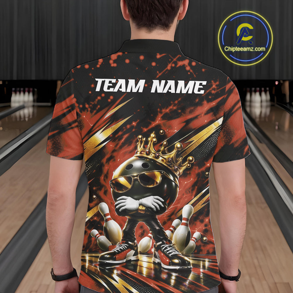 Custom Orange And Gold Funny Awesome Crown Bowling Ball Bowling King Polo Team Shirt