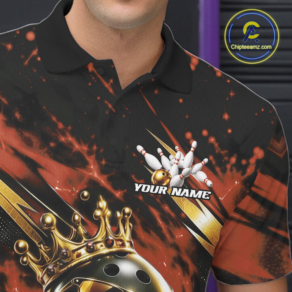 Custom Orange And Gold Funny Awesome Crown Bowling Ball Bowling King Polo Team Shirt