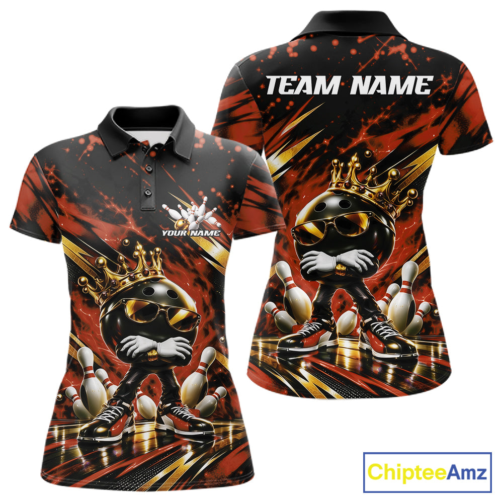 Custom Orange And Gold Funny Awesome Crown Bowling Ball Bowling Queen Polo Team Shirt