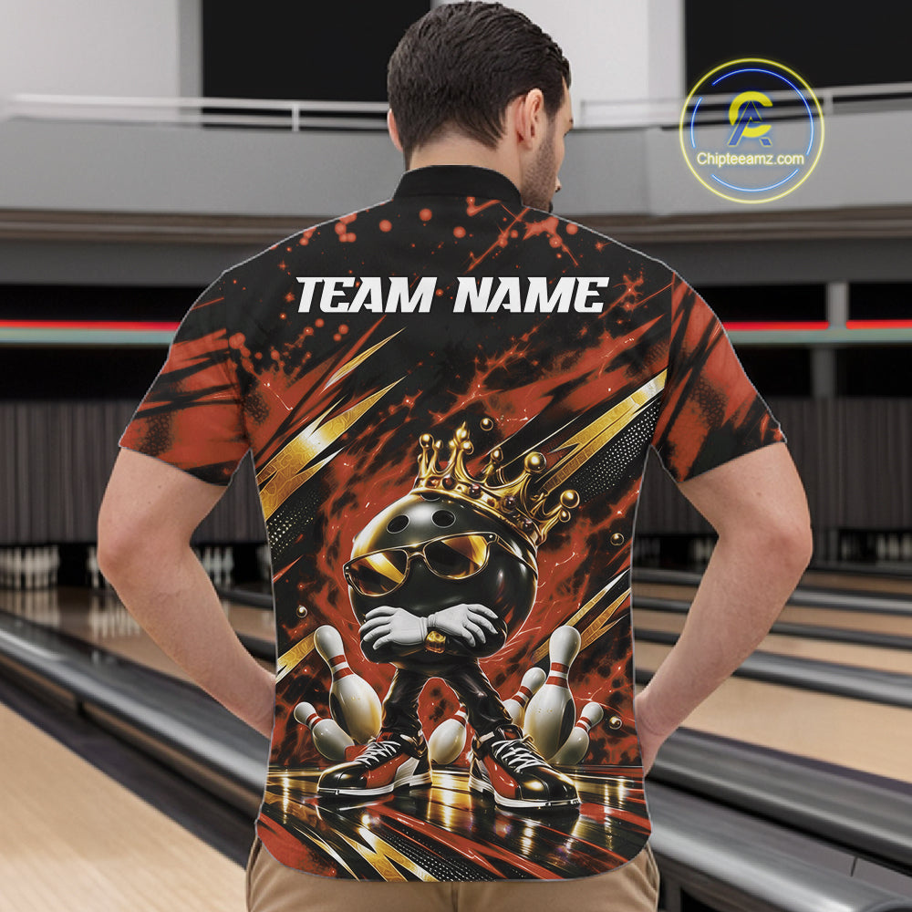 Custom Orange And Gold Funny Awesome Crown Bowling Ball Bowling King Quarter Zip Team Shirt