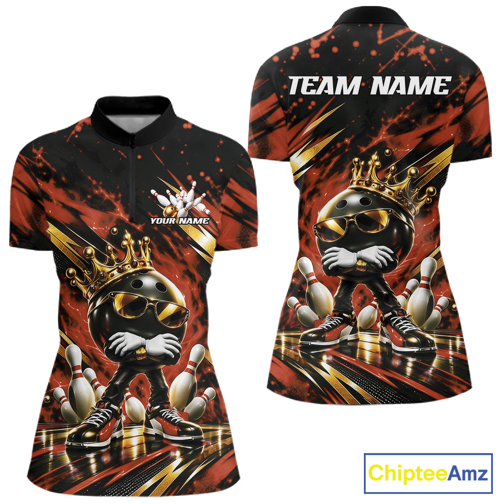 Custom Orange And Gold Funny Awesome Crown Bowling Queen Quarter-Zip Team Shirt