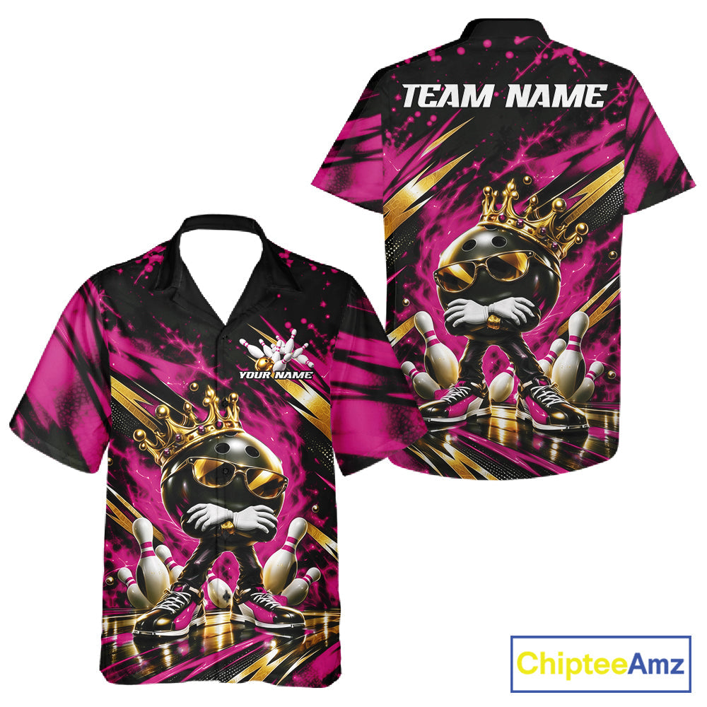 Custom Pink And Gold Funny Awesome Crown Bowling Ball Bowling King And Button Up Team Shirt