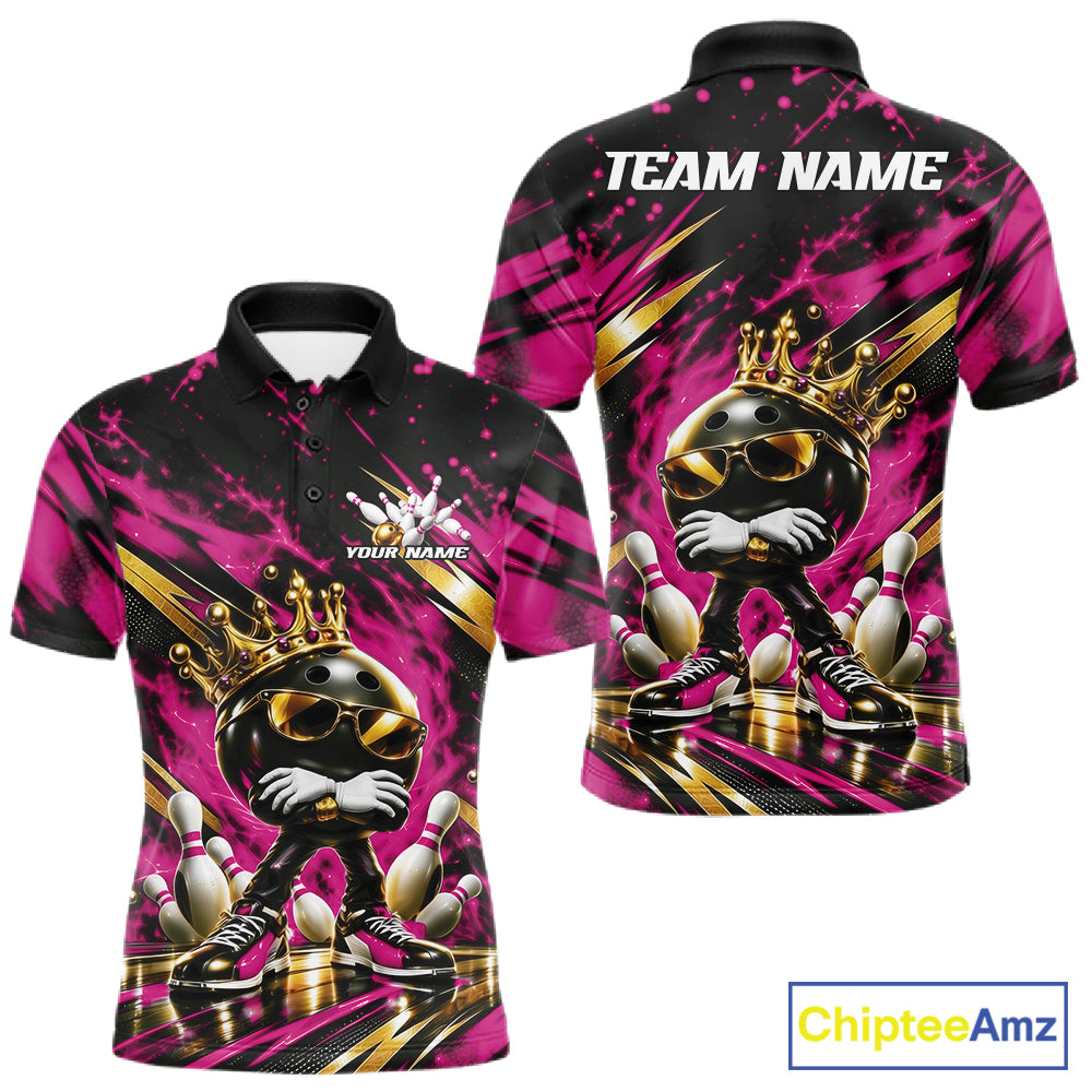 Custom Pink And Gold Funny Awesome Crown Bowling Ball Bowling King Polo Team Shirt