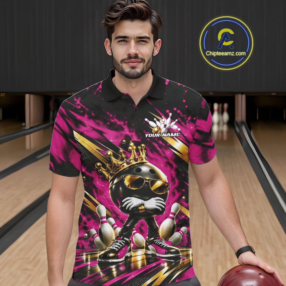 Custom Pink And Gold Funny Awesome Crown Bowling Ball Bowling King Polo Team Shirt