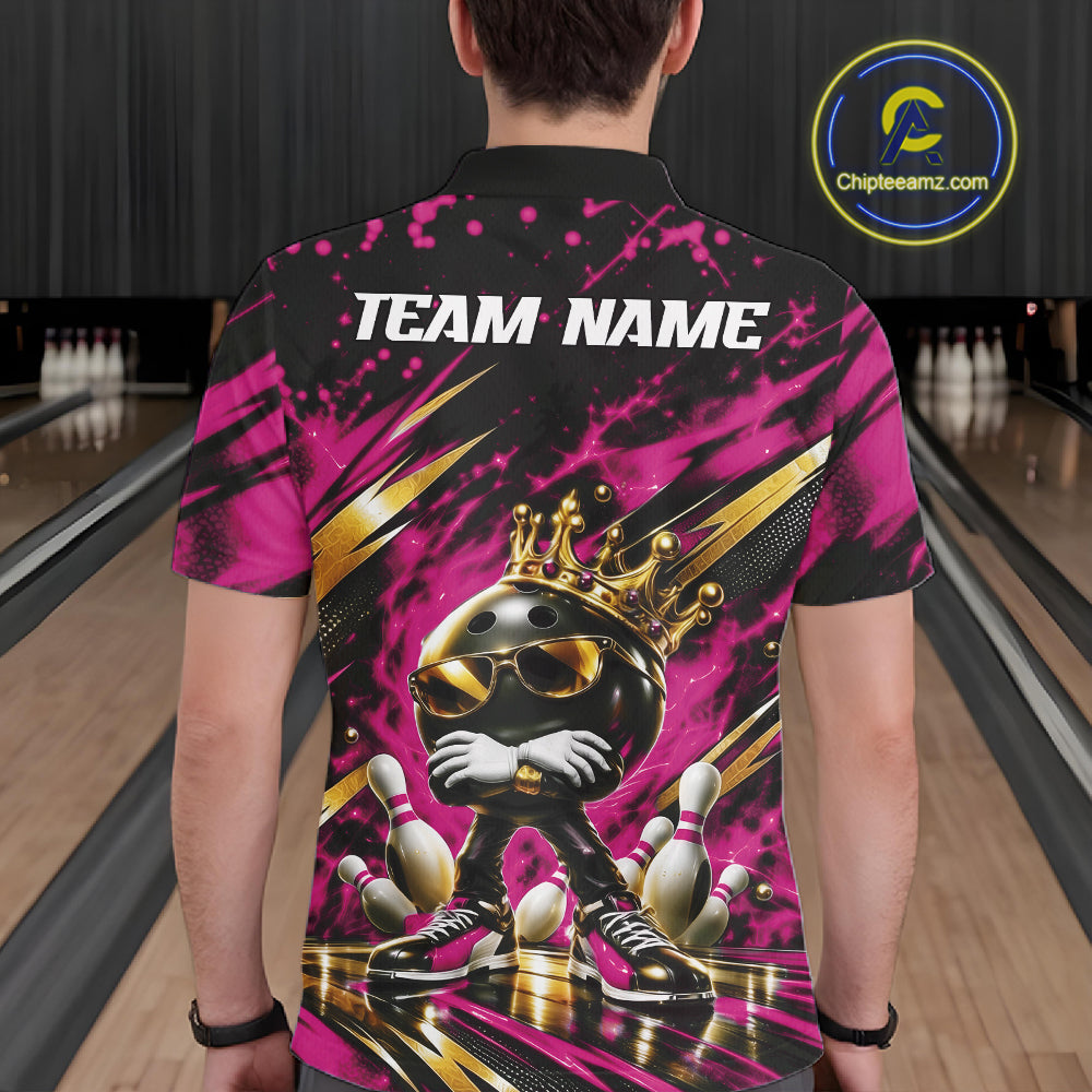 Custom Pink And Gold Funny Awesome Crown Bowling Ball Bowling King Polo Team Shirt
