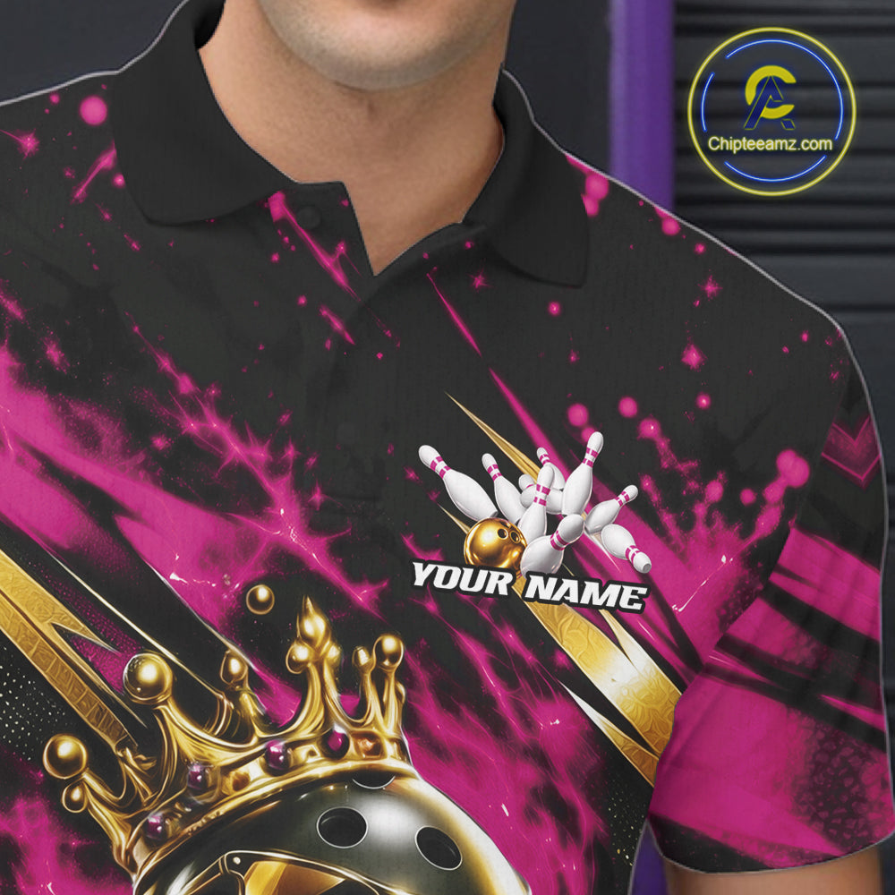 Custom Pink And Gold Funny Awesome Crown Bowling Ball Bowling King Polo Team Shirt