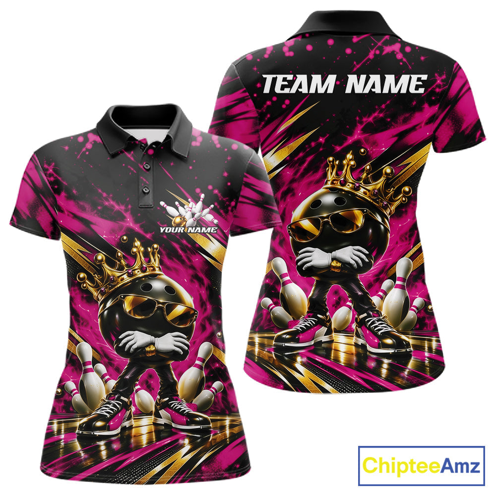 Custom Pink And Gold Funny Awesome Crown Bowling Ball Bowling Queen Polo Team Shirt
