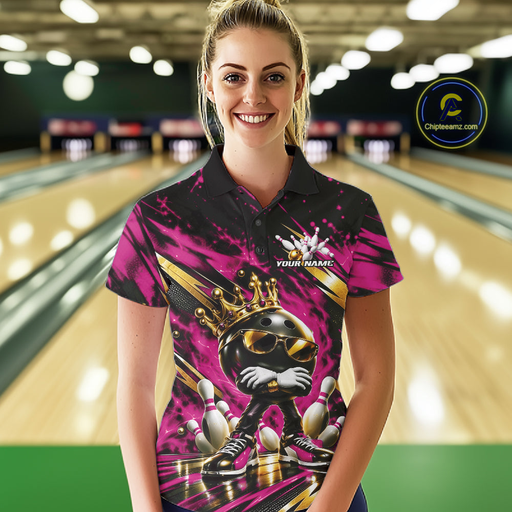 Custom Pink And Gold Funny Awesome Crown Bowling Ball Bowling Queen Polo Team Shirt