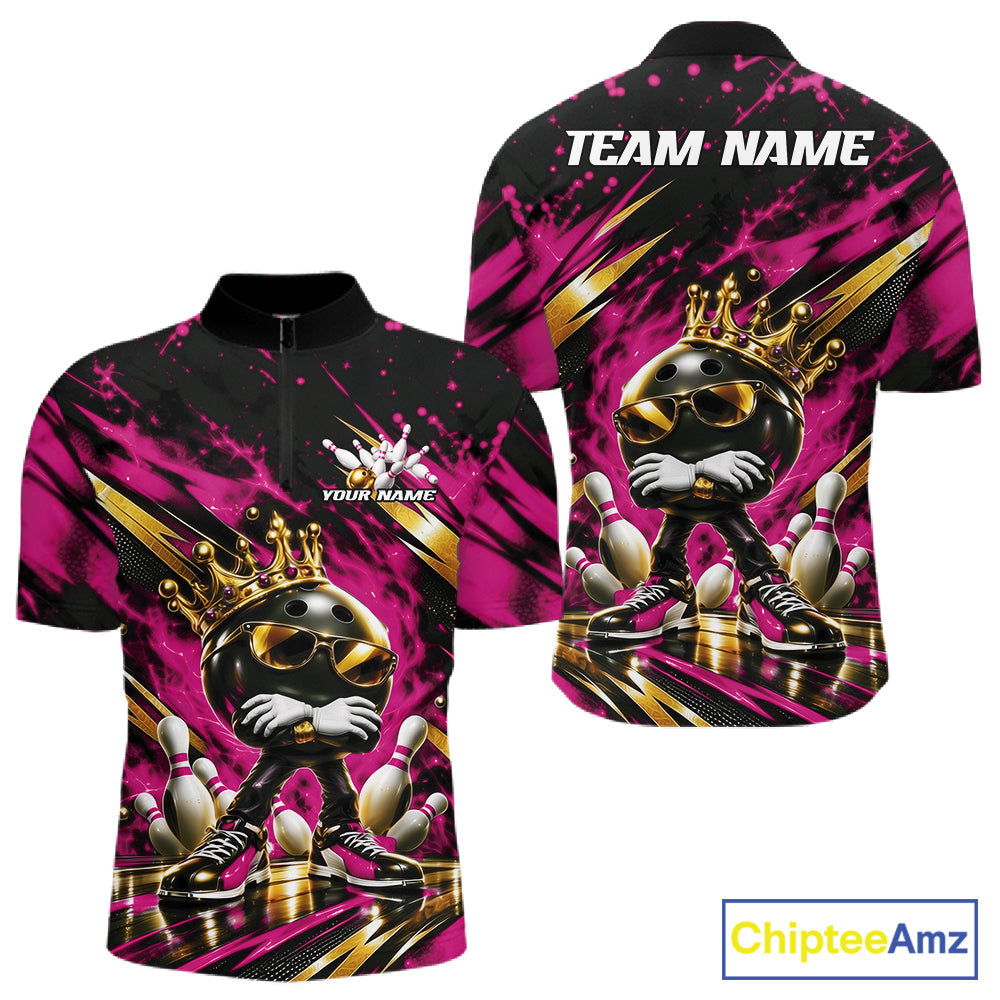 Custom Pink And Gold Funny Awesome Crown Bowling Ball Bowling King Quarter Zip Team Shirt