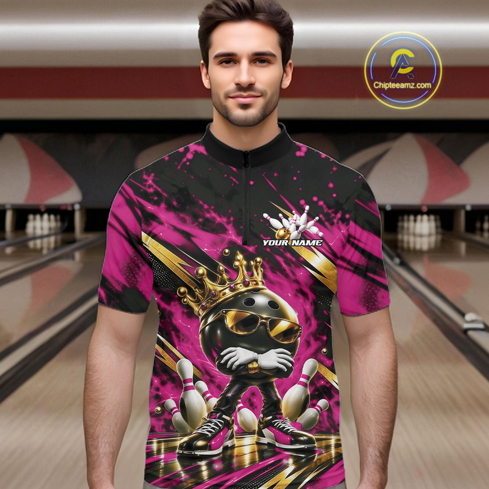 Custom Pink And Gold Funny Awesome Crown Bowling Ball Bowling King Quarter Zip Team Shirt