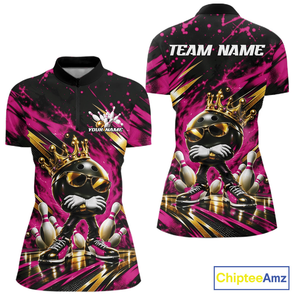 Custom Pink And Gold Funny Awesome Crown Bowling Queen Quarter-Zip Team Shirt