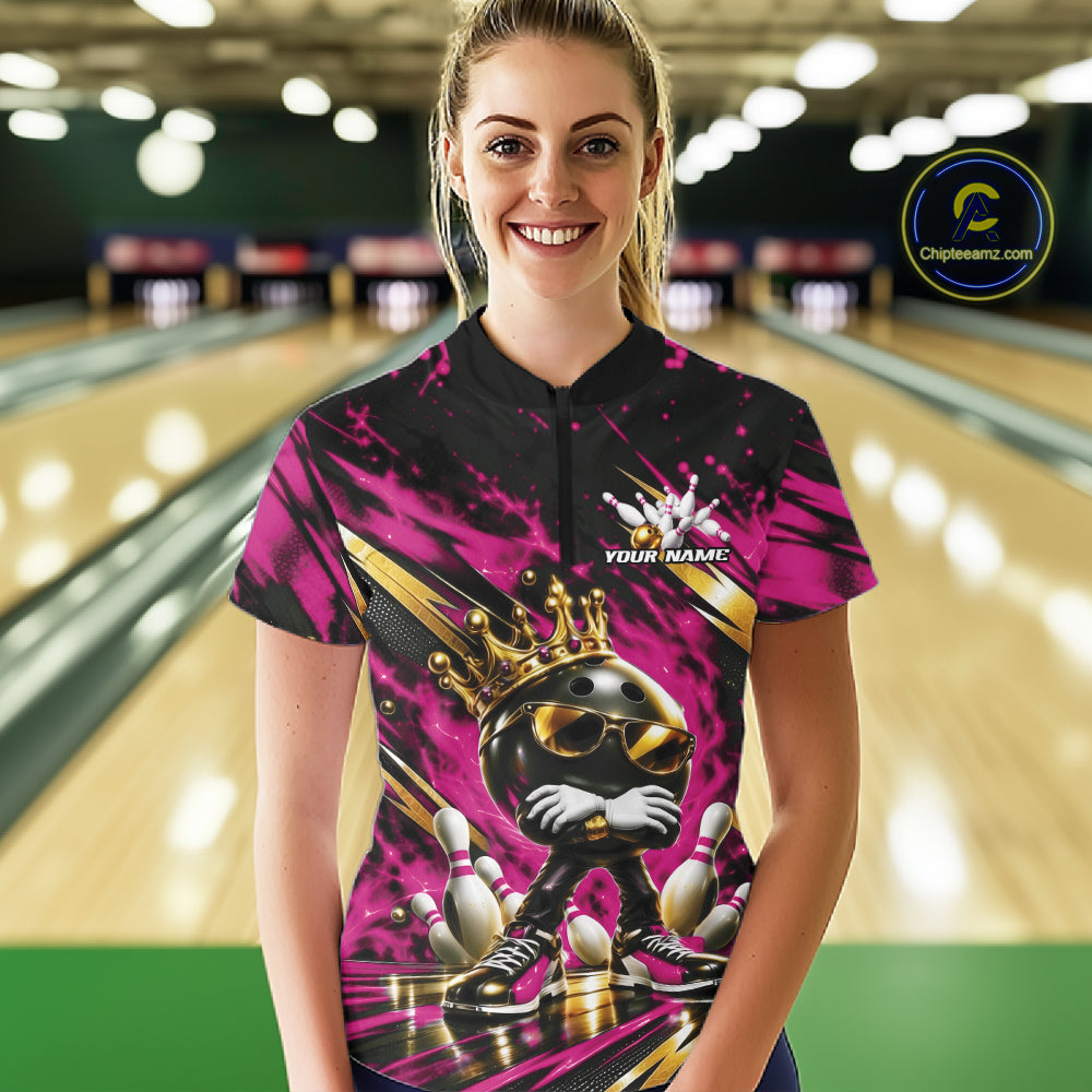 Custom Pink And Gold Funny Awesome Crown Bowling Queen Quarter-Zip Team Shirt