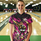 Custom Pink And Gold Funny Awesome Crown Bowling Queen Quarter-Zip Team Shirt