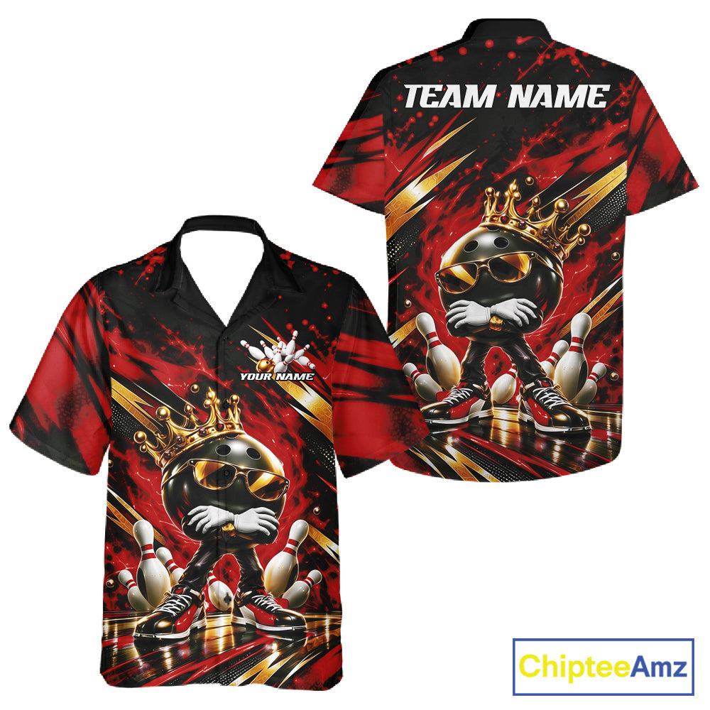 Custom Red And Gold Funny Awesome Crown Bowling Ball Bowling King And Button Up Team Shirt