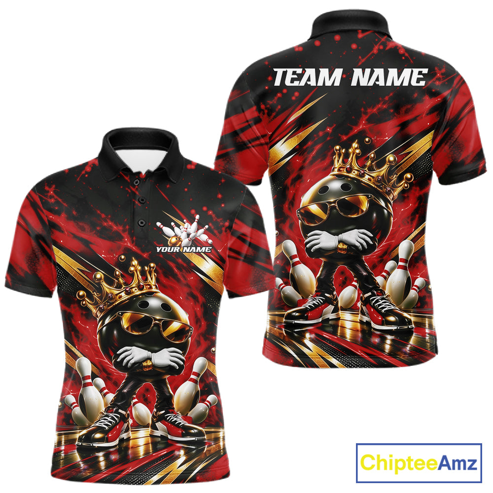 Custom Red And Gold Funny Awesome Crown Bowling Ball Bowling King Polo Team Shirt