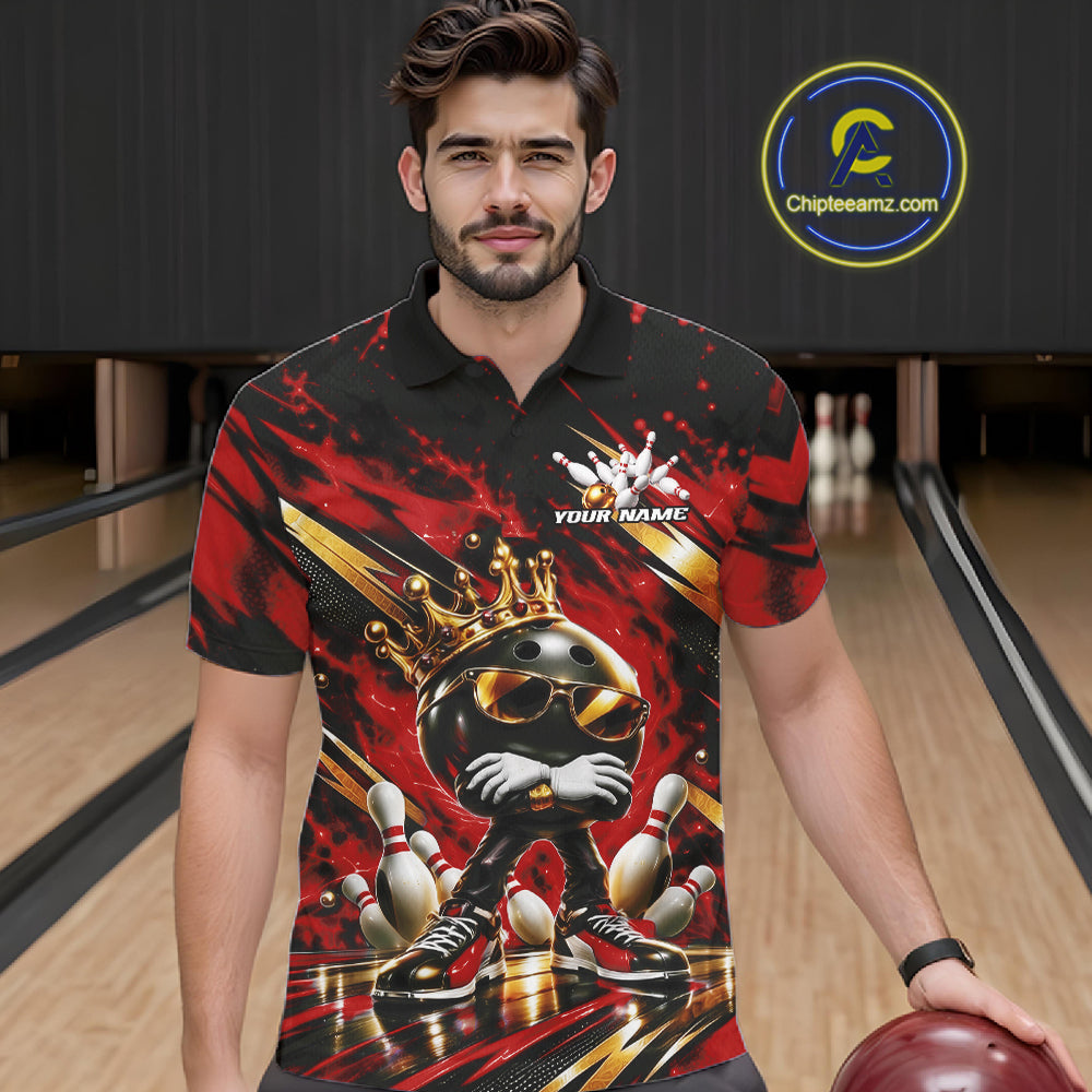 Custom Red And Gold Funny Awesome Crown Bowling Ball Bowling King Polo Team Shirt