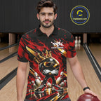 Custom Red And Gold Funny Awesome Crown Bowling Ball Bowling King Polo Team Shirt