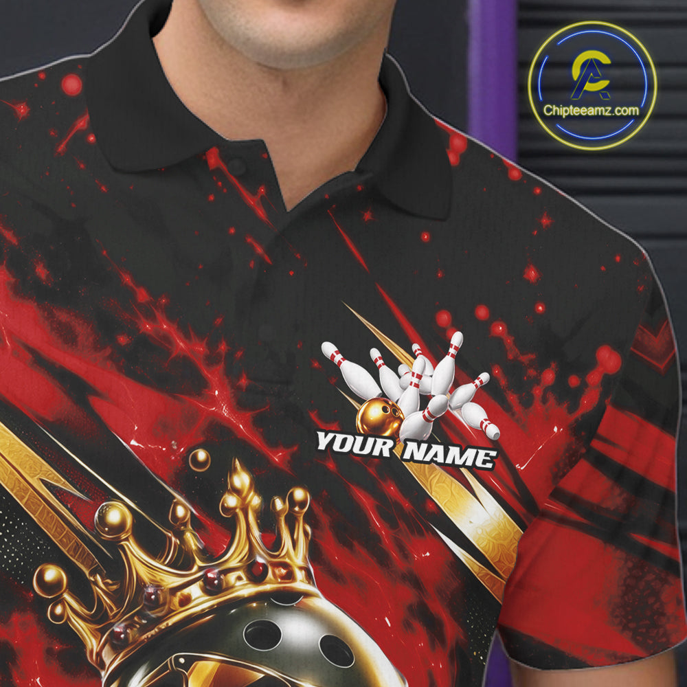 Custom Red And Gold Funny Awesome Crown Bowling Ball Bowling King Polo Team Shirt