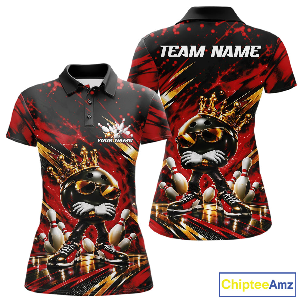 Custom Red And Gold Funny Awesome Crown Bowling Ball Bowling Queen Polo Team Shirt