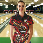 Custom Red And Gold Funny Awesome Crown Bowling Ball Bowling Queen Polo Team Shirt