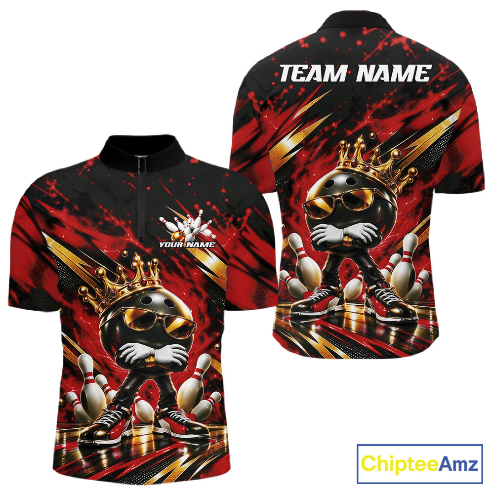 Custom Red And Gold Funny Awesome Crown Bowling Ball Bowling King Quarter Zip Team Shirt