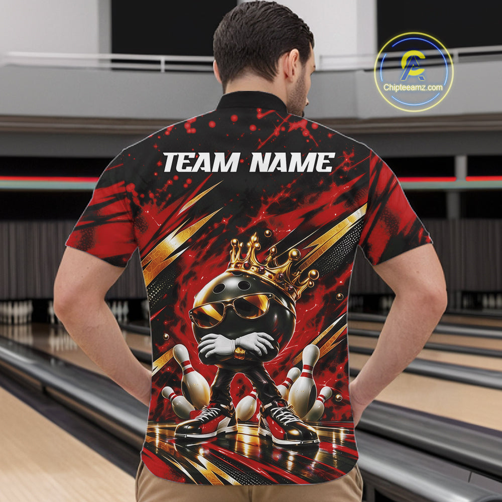 Custom Red And Gold Funny Awesome Crown Bowling Ball Bowling King Quarter Zip Team Shirt