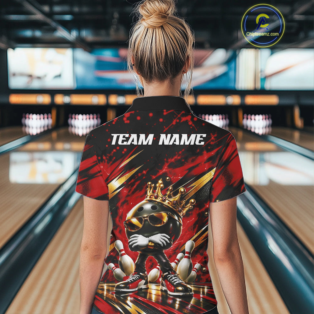 Custom Red And Gold Funny Awesome Crown Bowling Queen Quarter-Zip Team Shirt