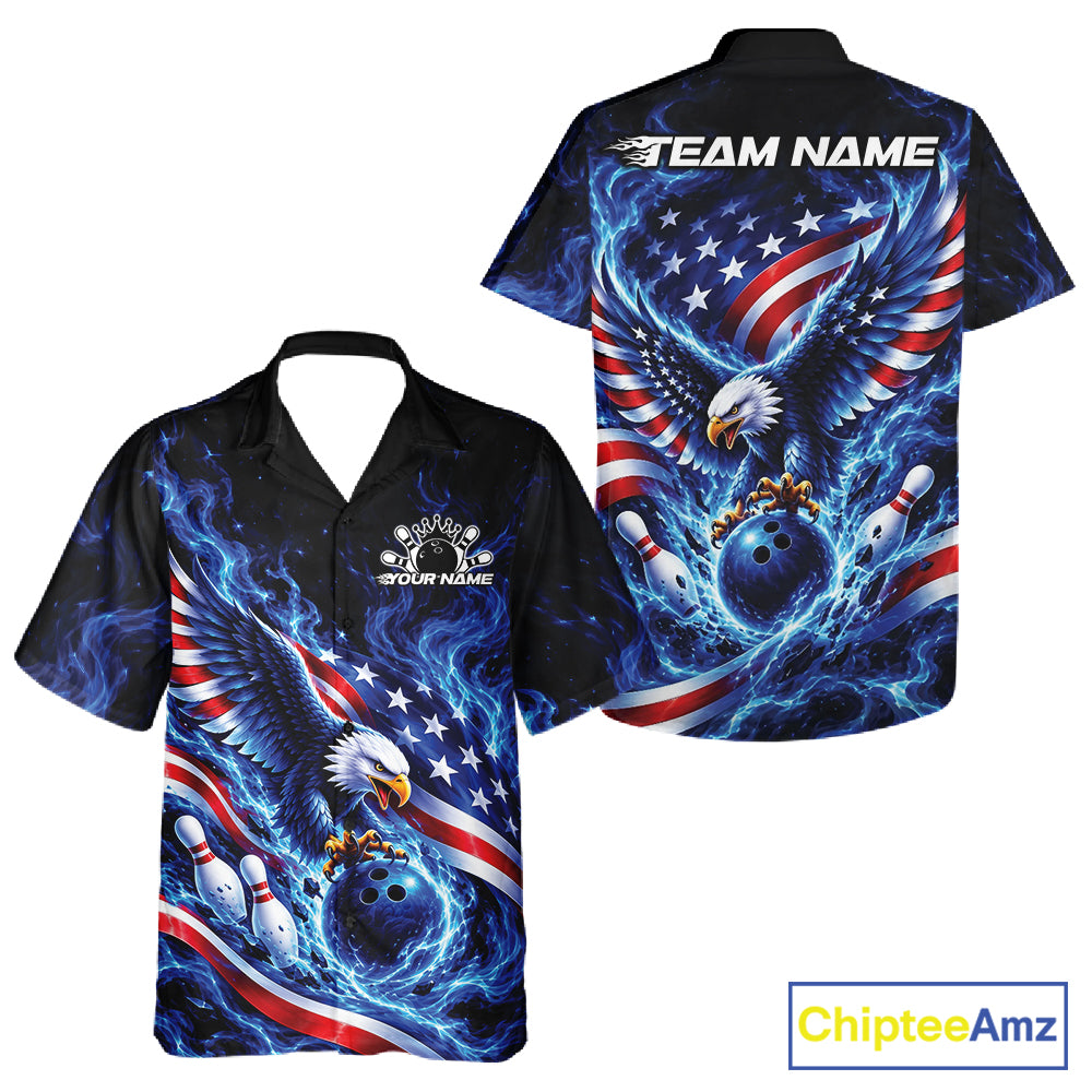 Custom American Flag Flame Eagle Bowling And Button Up Shirt, Patriotic Bowling Jersey