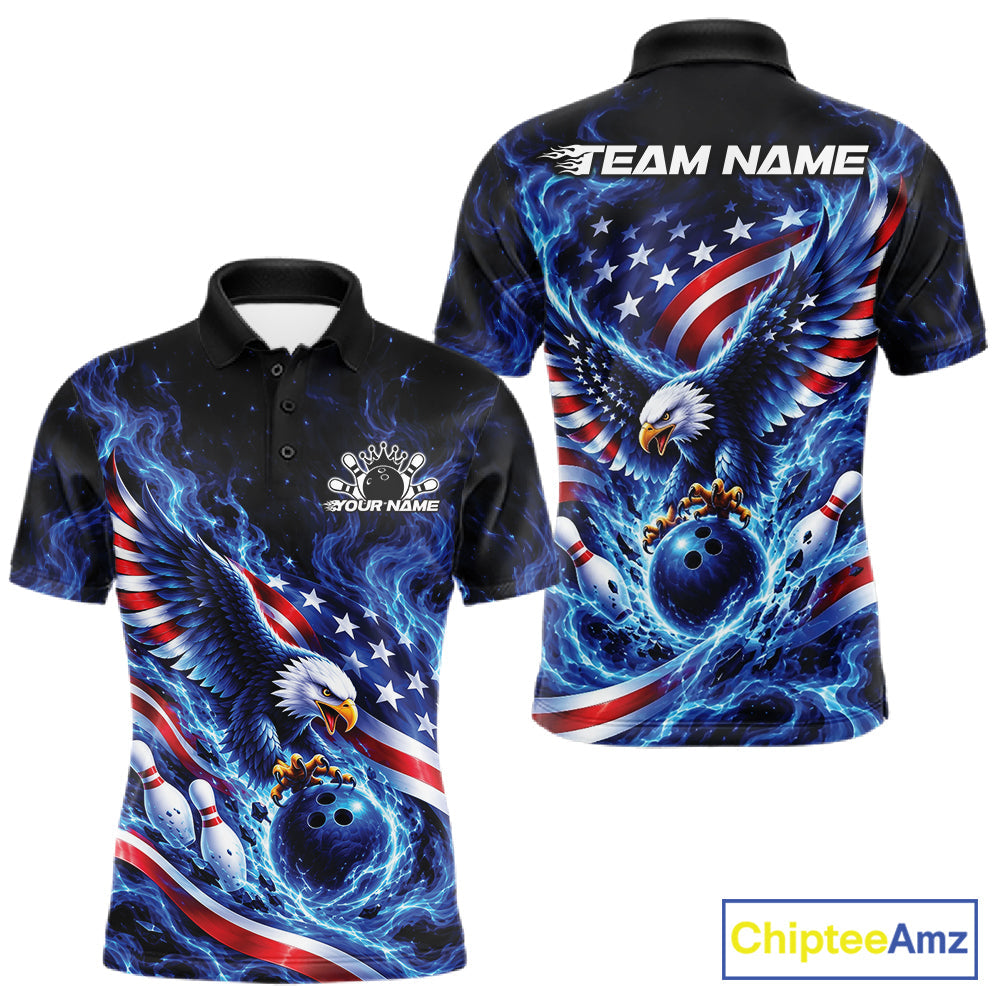 Custom American Flag Flame Eagle Bowling Polo Shirt, Patriotic Bowling Jersey