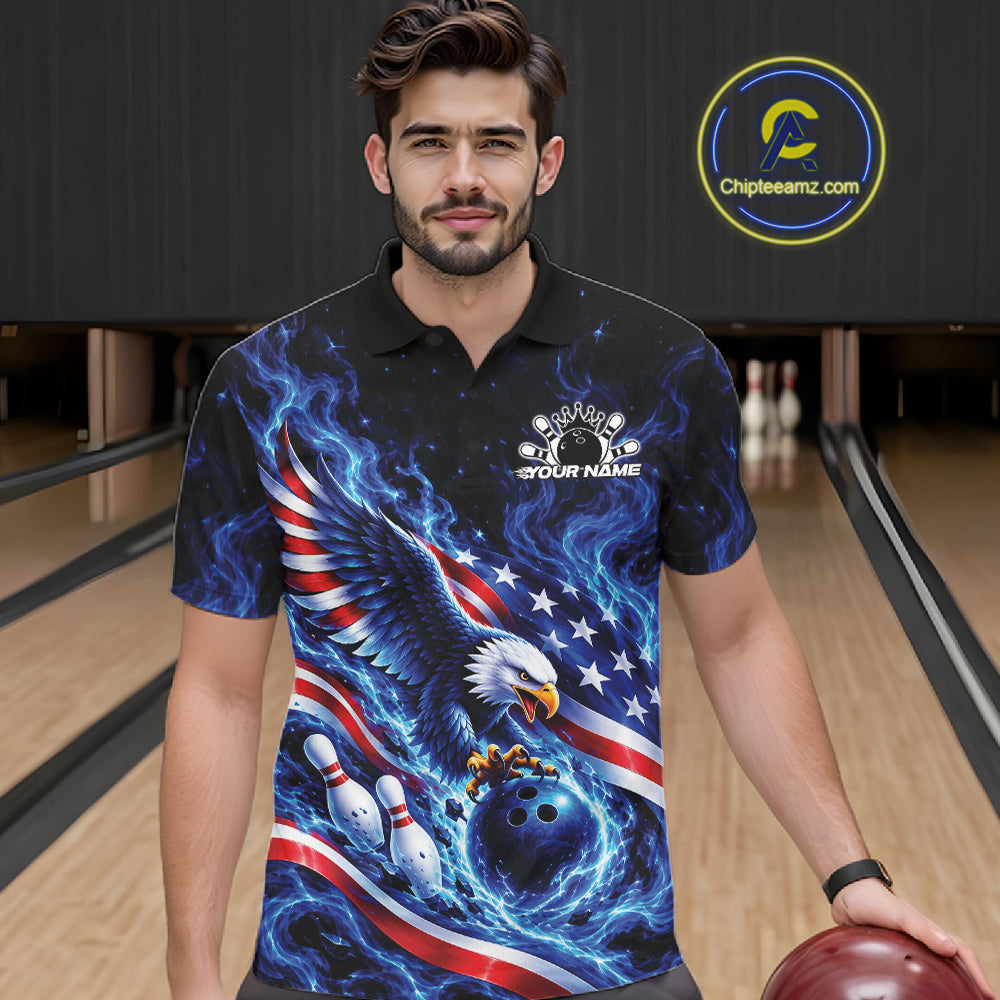 Custom American Flag Flame Eagle Bowling Polo Shirt, Patriotic Bowling Jersey