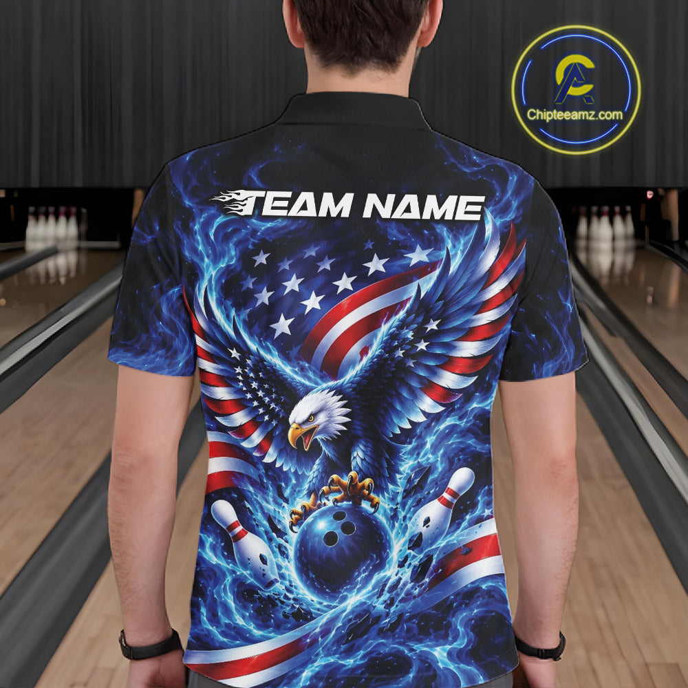 Custom American Flag Flame Eagle Bowling Polo Shirt, Patriotic Bowling Jersey