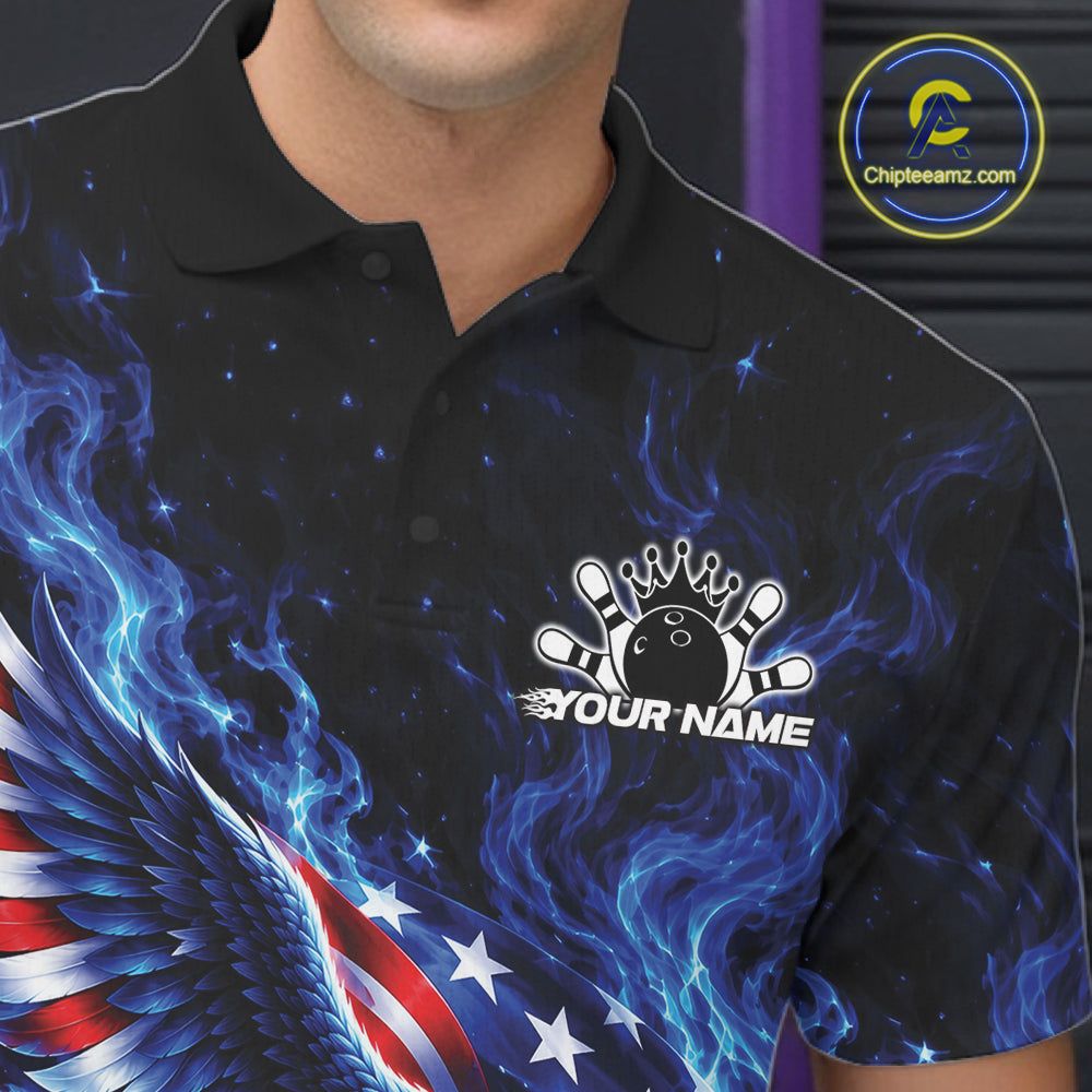 Custom American Flag Flame Eagle Bowling Polo Shirt, Patriotic Bowling Jersey