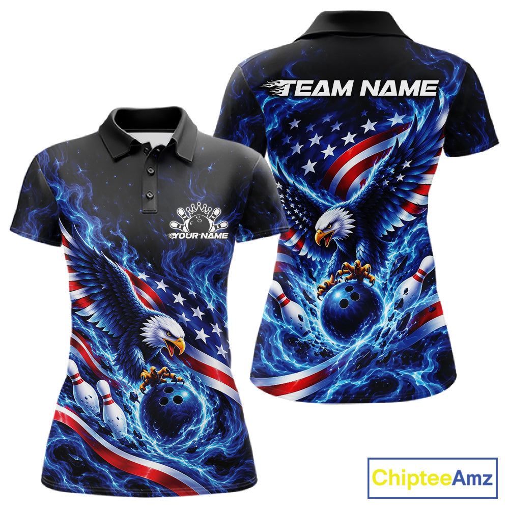 Custom American Flag Flame Eagle Bowling Polo Shirt, Patriotic Bowling Jersey