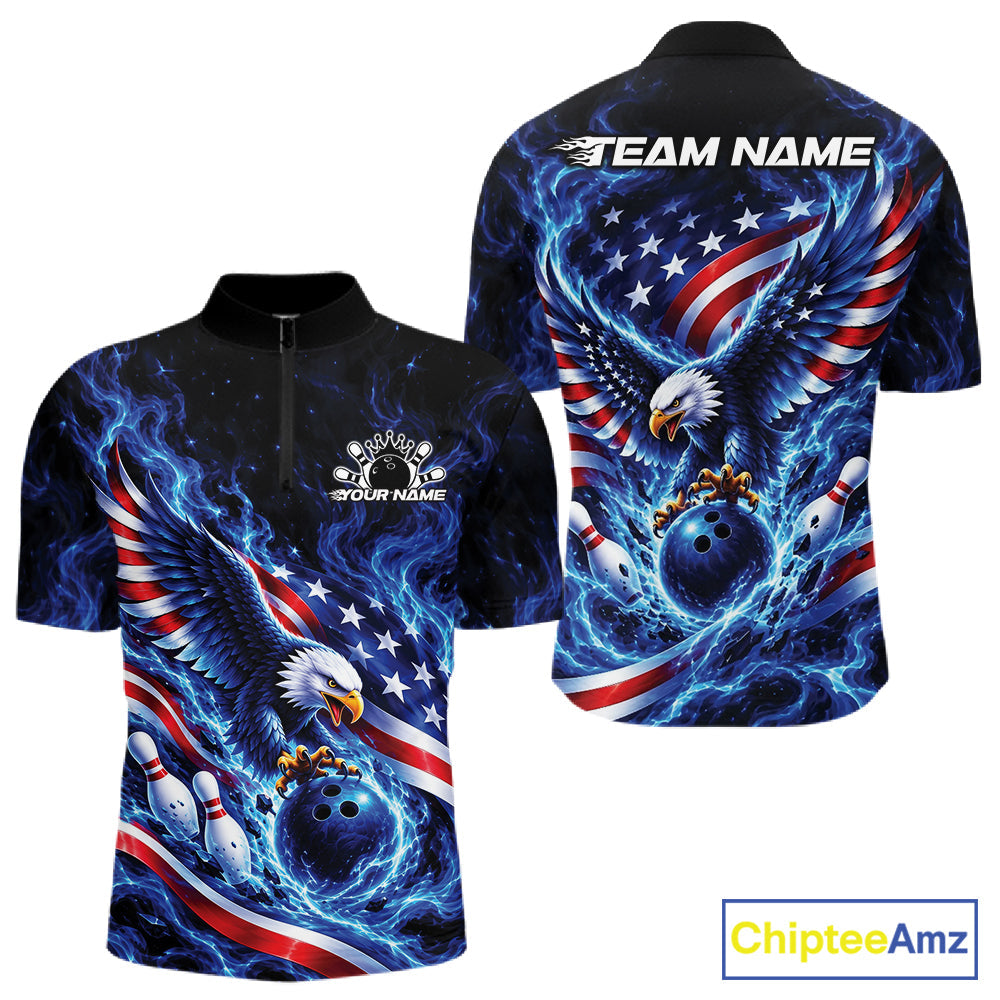 Custom American Flag Flame Eagle Bowling Quarter Zip Shirt, Patriotic Bowling Jersey