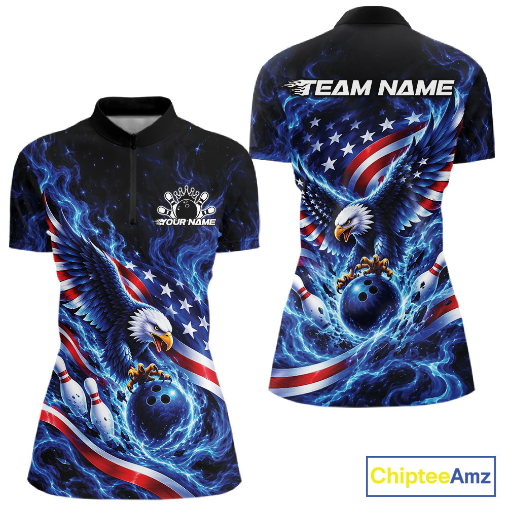 Custom American Flag Flame Eagle Bowling Quarter-Zip Shirt, Patriotic Jersey