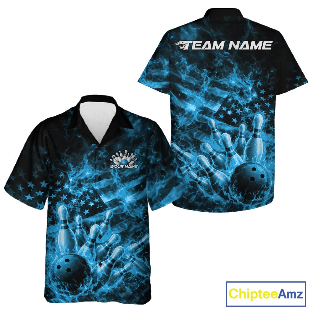 Custom Blue Fire Patriotic Bowling And Hawaiian Shirt, American Flag Flame Bowling Jersey