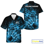 Custom Blue Fire Patriotic Bowling And Hawaiian Shirt, American Flag Flame Bowling Jersey