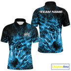 Custom Blue Fire Patriotic Bowling Polo Shirt, American Flag Flame Bowling Jersey