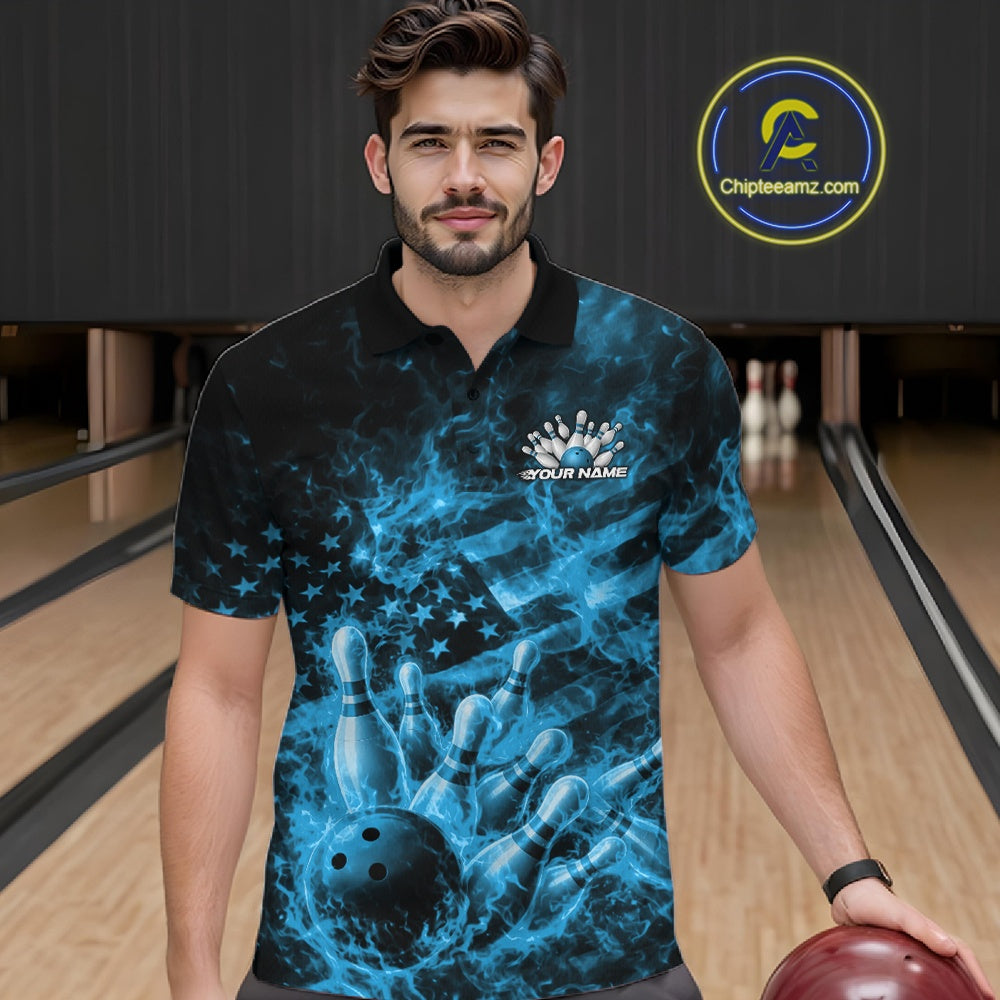 Custom Blue Fire Patriotic Bowling Polo Shirt, American Flag Flame Bowling Jersey