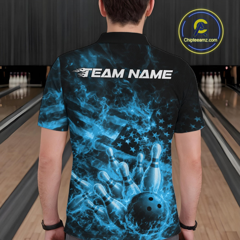Custom Blue Fire Patriotic Bowling Polo Shirt, American Flag Flame Bowling Jersey