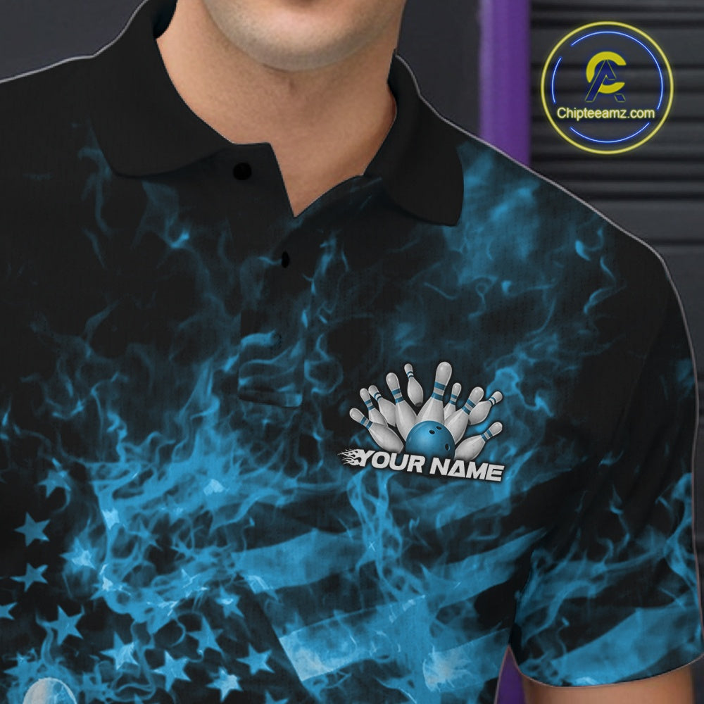 Custom Blue Fire Patriotic Bowling Polo Shirt, American Flag Flame Bowling Jersey